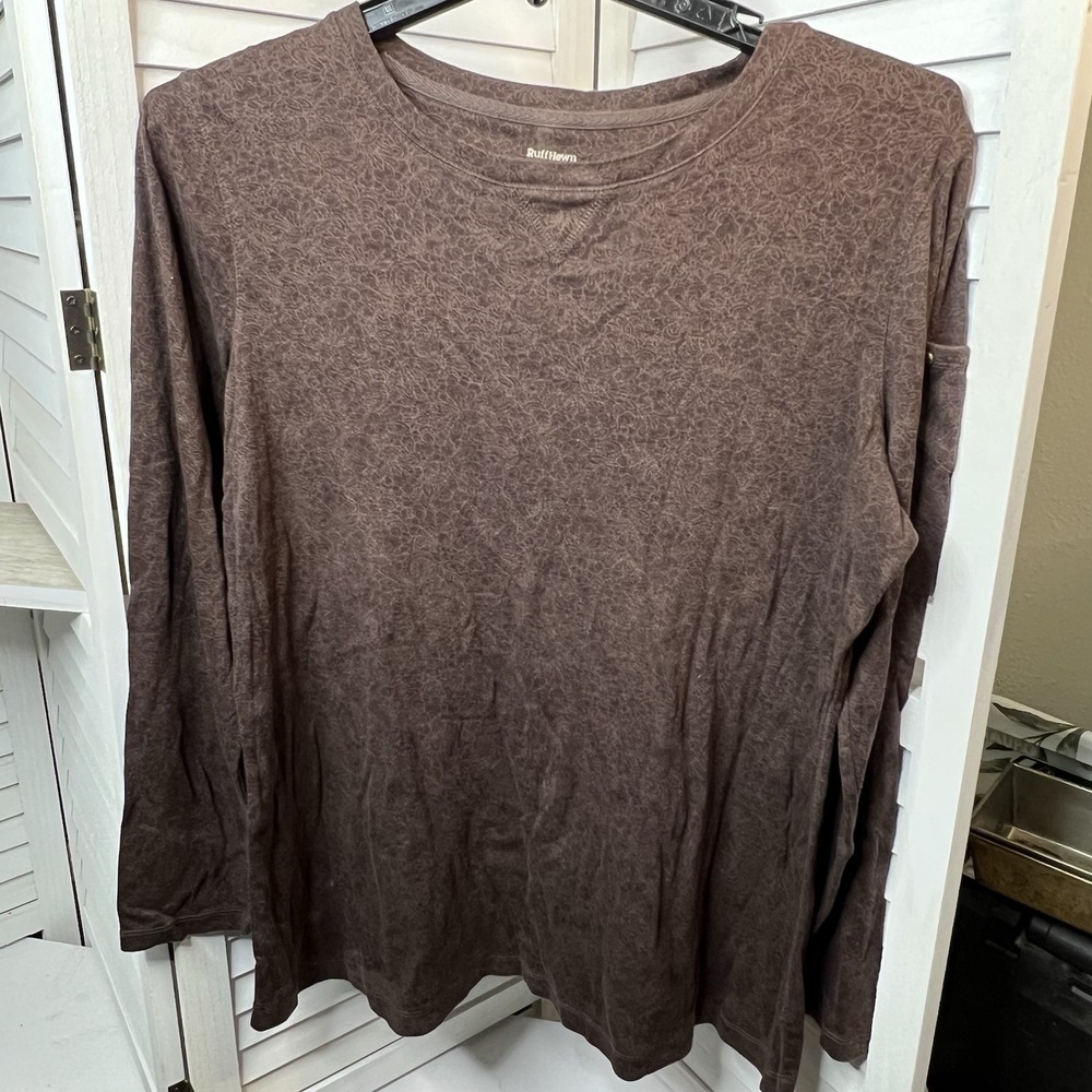 RuffHewn Women's 2X Brown Floral Long Sleeve Shirt 100% Cotton Pocket Detail